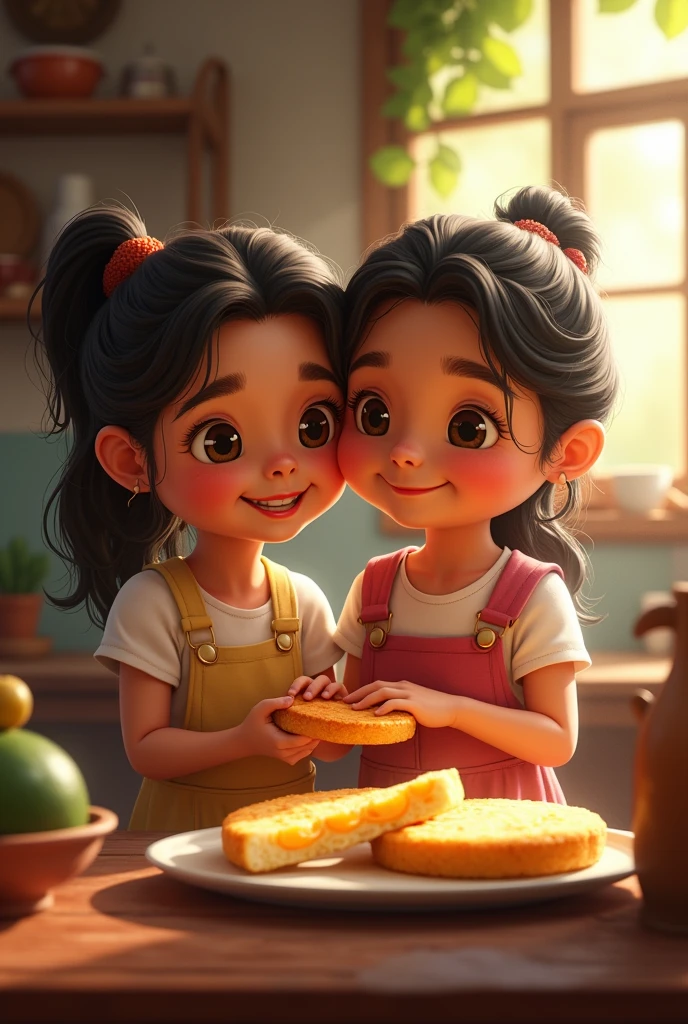 Design an image that integrates a halved cheese arepa with a girl and her grandmother, making a connection to Colombian culture and gastronomy