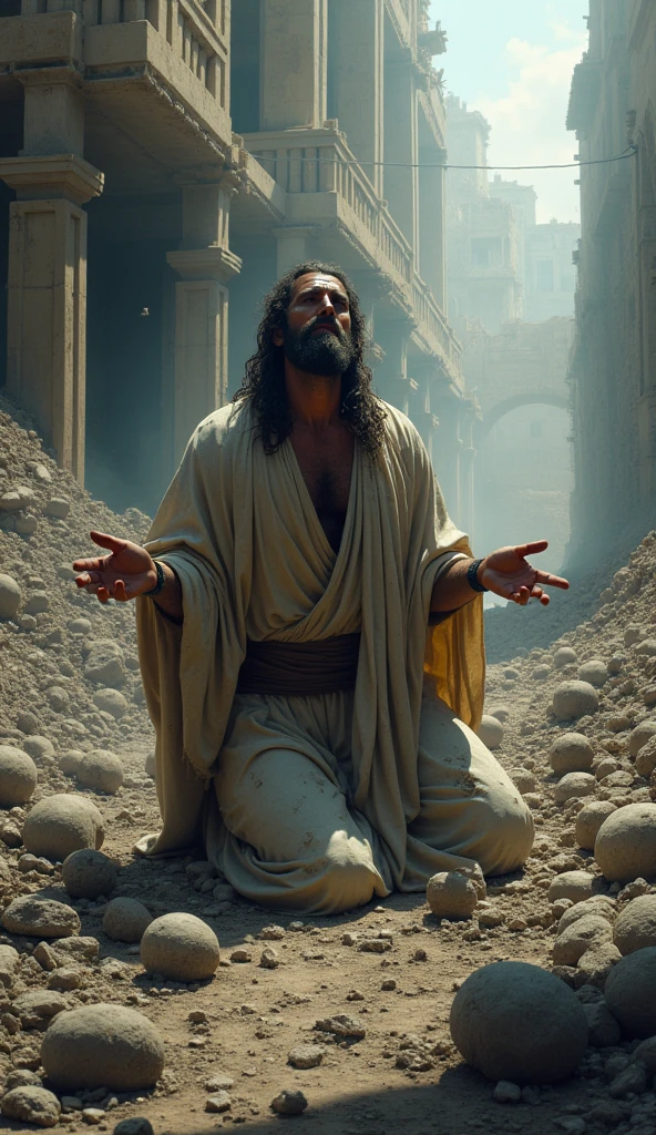 A tragic scene of devastation, where the house of Jó’s children has collapsed under a mighty windstorm. Rubble and debris lie scattered, and amidst it, the lifeless bodies of Jó’s sons and daughters. Jó, dressed in torn clothes and covered in ash, kneels in grief, raising his eyes and hands toward the sky in a gesture of mourning and submission to God.