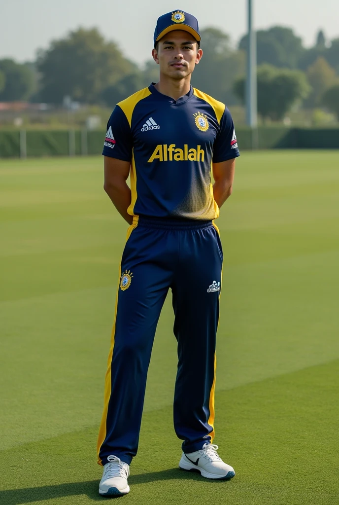 Best cricket Jersey and trouser kits navy blue and dark yellow combo write on Alfalah more 