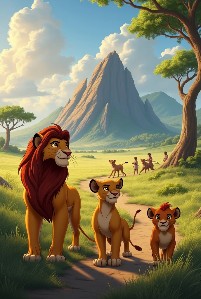 Lion King Teen Mufasa male Lion, Teen Scar/Taka male lion and Teen Aisha lioness, at Pride-rock, King Ahadi showing Teen Mufasa and Teen Scar/Taka around the Pride-Lands and Queen Uru teaching her daughter Teen Aisha hunting with the hunting party lionesses with Teen Sarabi, Teen Sarafina and Teen Dalila