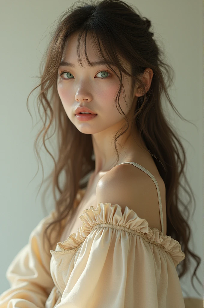 Create a girl around the age of 18, with long slightly messy light brown hair, big eyes a dark shade of green, pale skin, wearing a beige gown