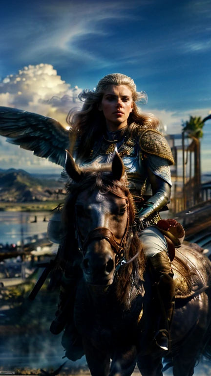 A young and beautiful Nordic warrior, tall, with large blue eyes, long blonde braided hair, wearing a winged horned war helmet, riding a white winged steed, (best quality,4k,8k,highres,masterpiece:1.2),ultra-detailed,(realistic,photorealistic,photo-realistic:1.37),fantasy,highly detailed portrait,cinematic lighting,dramatic pose,intricate details,epic,heroic,digital painting,vibrant colors,dramatic atmosphere