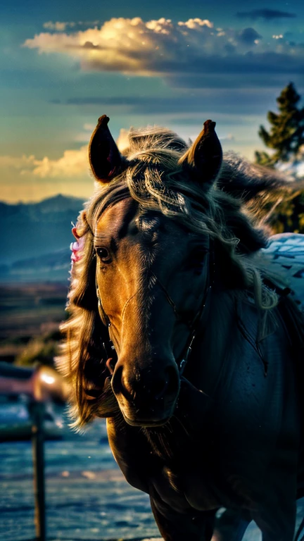 A young and beautiful Nordic warrior, tall, with large blue eyes, long blonde braided hair, wearing a winged horned war helmet, riding a white winged steed, (best quality,4k,8k,highres,masterpiece:1.2),ultra-detailed,(realistic,photorealistic,photo-realistic:1.37),fantasy,highly detailed portrait,cinematic lighting,dramatic pose,intricate details,epic,heroic,digital painting,vibrant colors,dramatic atmosphere