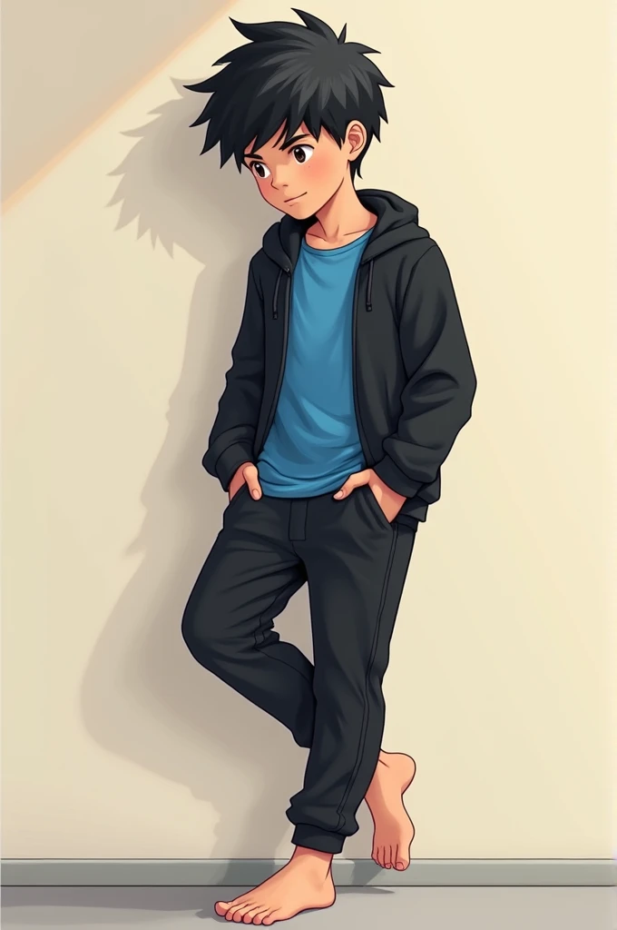 Black haired boy barefoot in black sports pants, black open top sweater and under the sweater he has a blue shirt leaning against the wall lifting his foot