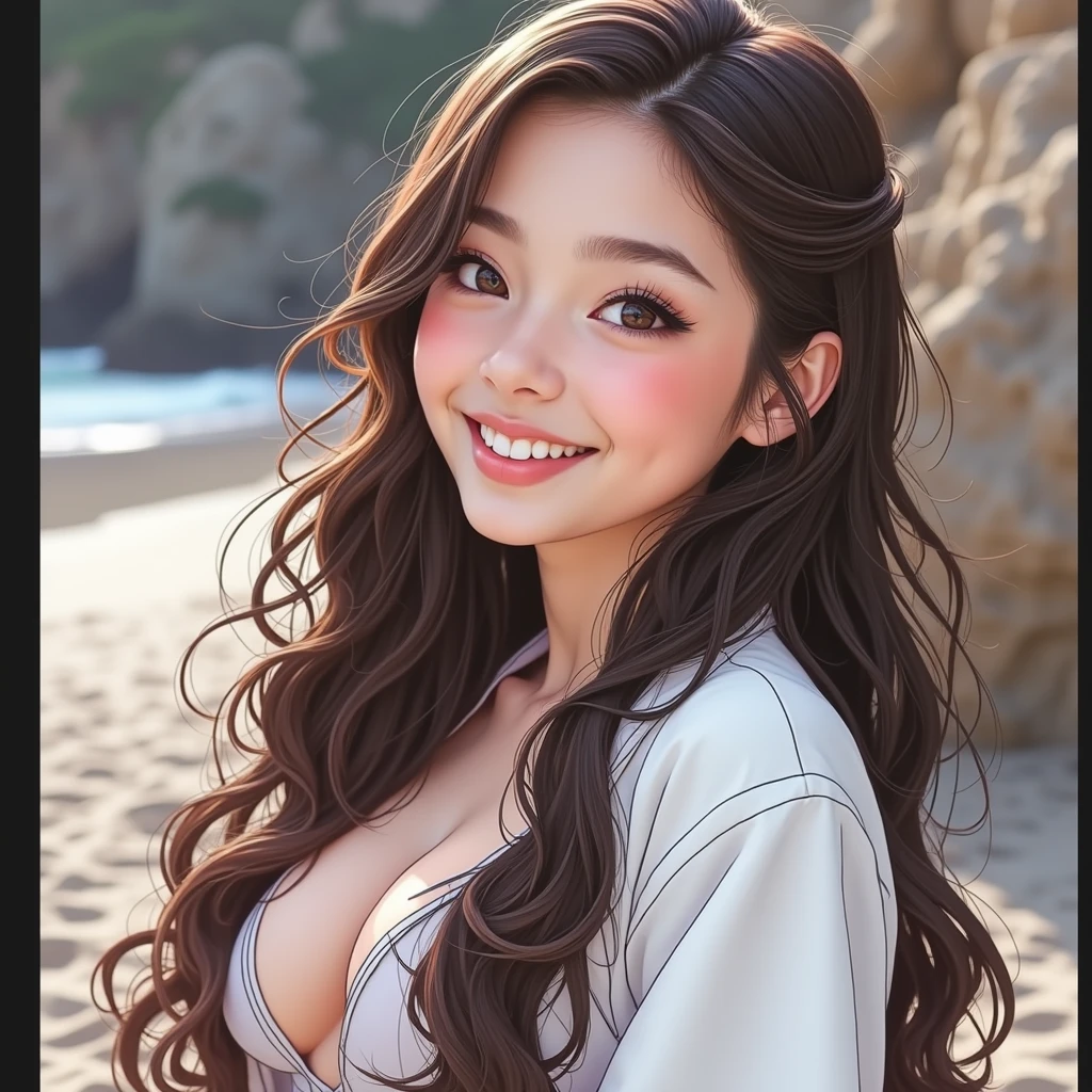 a young mixed asian and hispanic girl with long wavy hair wearing a small bikini, at the beach, full body, small breasts, smiling, (high detail skin:1.2), 8K UHD, Digital SLR, High quality, filmgrain, Fujifilm XT3, perfect figure, (beautiful woman:1.4), ((wavy hair)), RAW photo, rim lighting, dim lighting, perfect anatomy, anatomically correct, perfection proportions.
