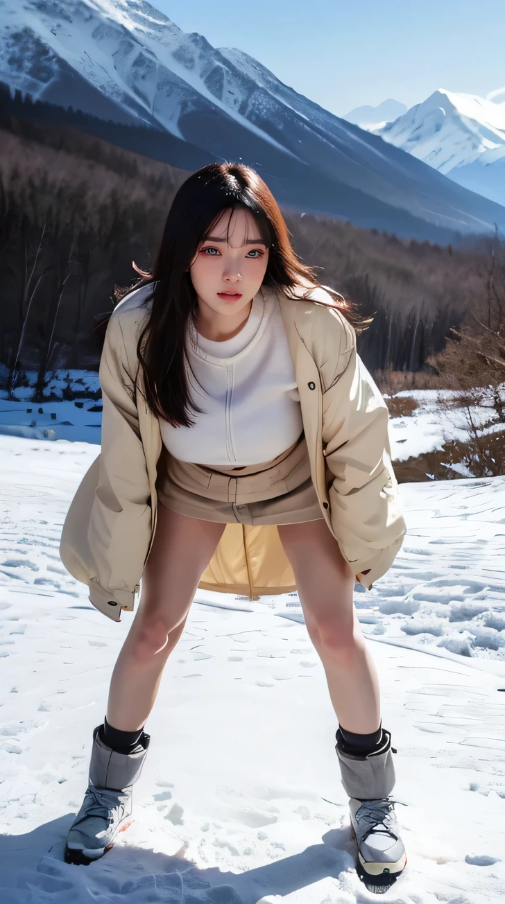 1 girl, realisitic, Raw photo, japanaese girl, (fullnude:1.9), (Beautiful and cute face:1.4), 20yr old, bobhair, Black hair, (Crucifixion at the summit of Mount Everest:1.8), (Tie the body to the top with barbed wire:1.5), not any dressed, (exposing their genitals)