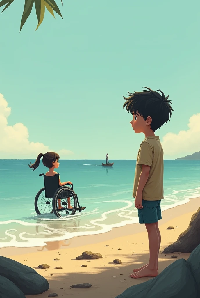 boy looking at the shore and in the distance seeing a girl in a wheelchair