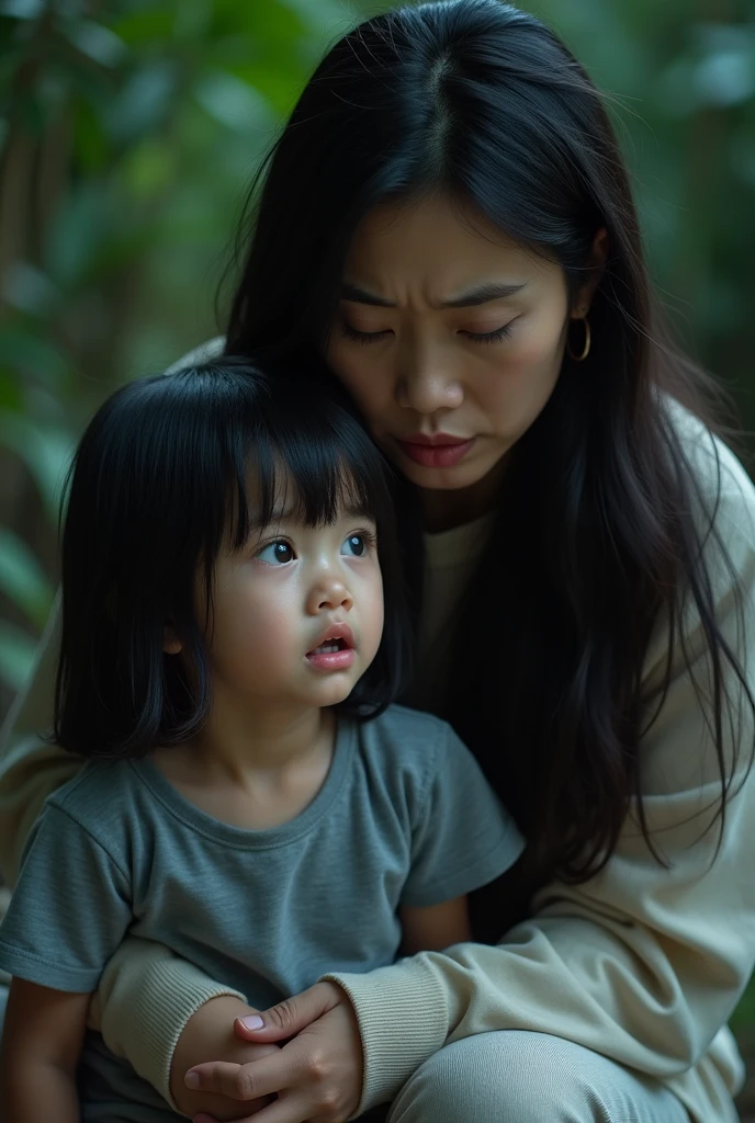 Candid image, photography, natural textures, highly realistic light, editorial, 
Mother under 3, modern Asian woman, angry,
scolding her  daughter, beautiful black hair, cute,
looks pitiful, but sad, tears streaming down both cheeks,
makes a gesture of apologizing to her mother, sad atmosphere, gloomy tone, medium short image
is a medium short, high-resolution image., vibrant colors, saturated, professionally color graded visual, 
dramatic dutch light, wide shot framing to capture the entire scene, including the subject and the surrounding environment