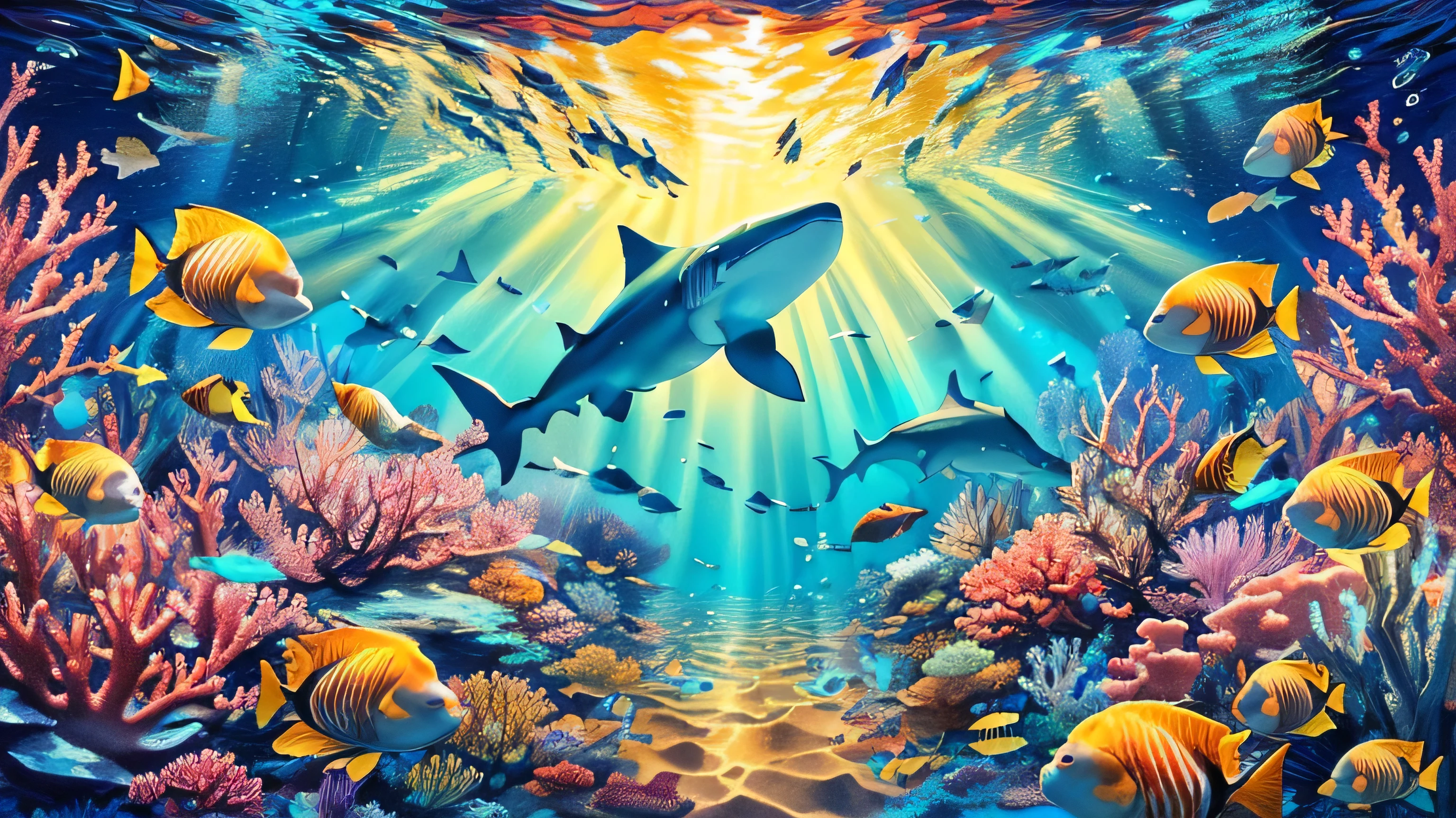painting of a group of sharks swimming in a Coral reef, incredible depth, incredible depth, amazing wallpaper, tropical reef, by Wayne England, Coral reef, underwater scenery, Bela arte UHD 4K, rays of life, you were wrong, underwater world, beautiful ocean, amazing background, underwater ocean, magical ocean, brilliant light masterpiece, majestic beautiful world, beautiful nature