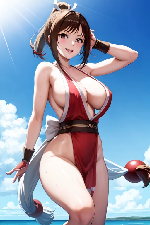 masterpiece, best quality, beautiful art, high resolution, well formed hands, body and fingers, 1 woman, solo, Ui Wakana, red makeup, red lipstick,adult, grown up, cosplaying as Mai Shiranui , mai_shiranui_cosplay, adult, large and big breasted, cleavage, full body , hair ribbon, gorgeous legs and, thighs, sexy Japanese clothes, hair ornament , sexy and bare legs , hips and thighs, panties peek, fighting in a combat match, showing her fighting skills, making her guard, about to hit the viewer, looking at the viewer, close up on her bouncing breasts, sweating, bouncing breasts, smiling joyfully and brightly, seductive face, being confident and proud, action and fighting scene, martial arts tournament on the beach