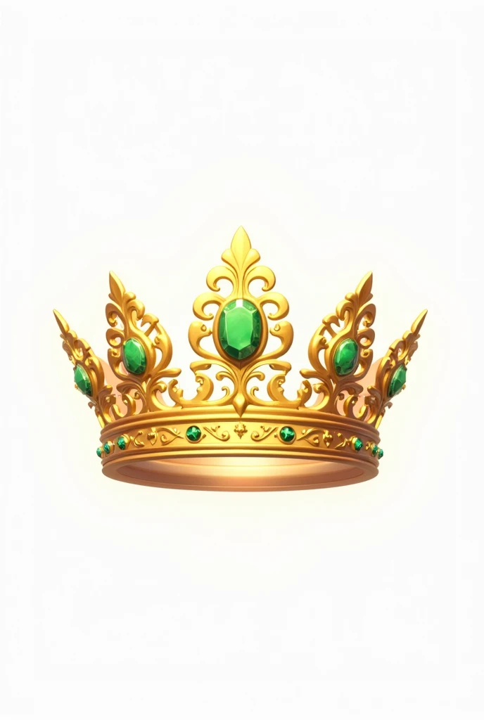 create on a white background, An animated illustration of a delicate gold quinceanera crown, with inlays of green precious stones.