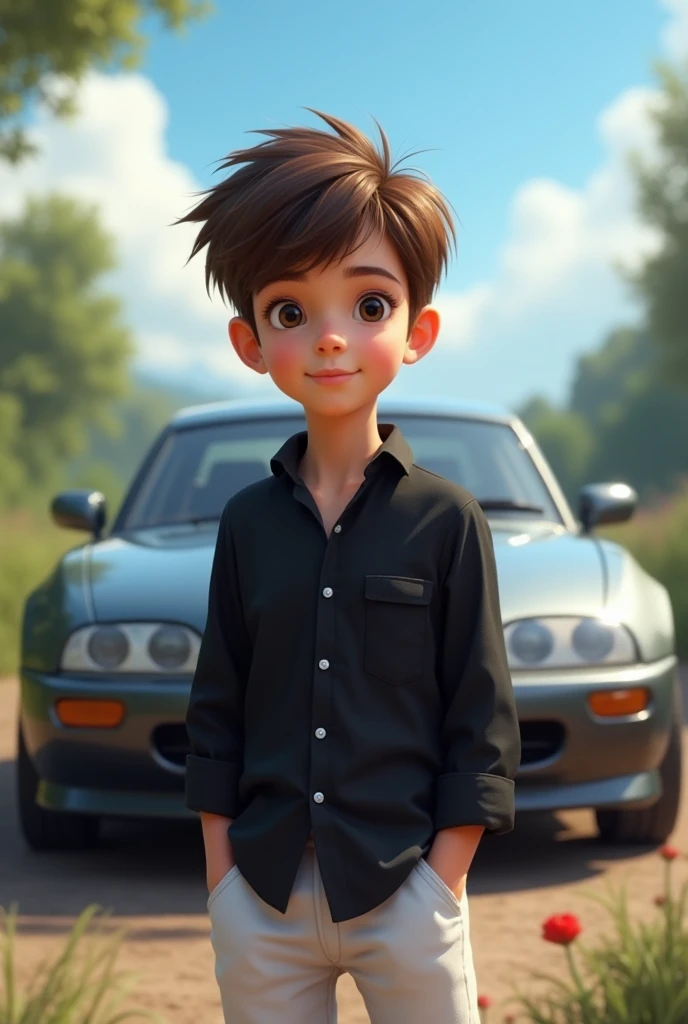 Black shirt to white pant and background car and maintain  boy