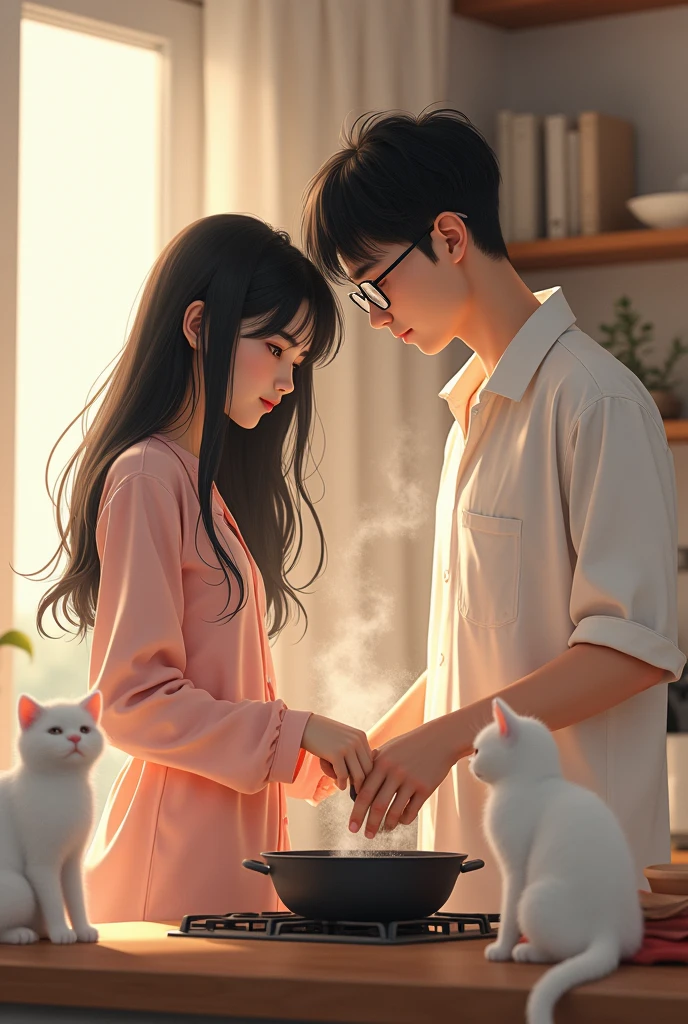 A white teenage Asian woman with long black hair with a beautiful face The shape is watery Wearing cute pink pajamas, cooking with a man with black hair, white skin, a bouncy body, wearing a white shirt, wearing glasses, three white cats.