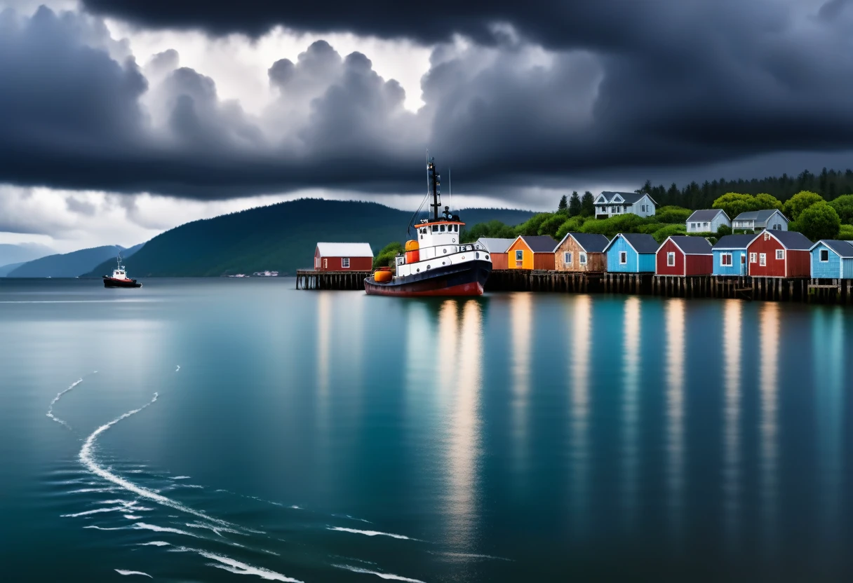 a tugboat, white tugboat, rusty tugboat, bay pier, small houses, cloudy, dark skies, raining, masterpiece quality, ultra HD, 4K, best quality