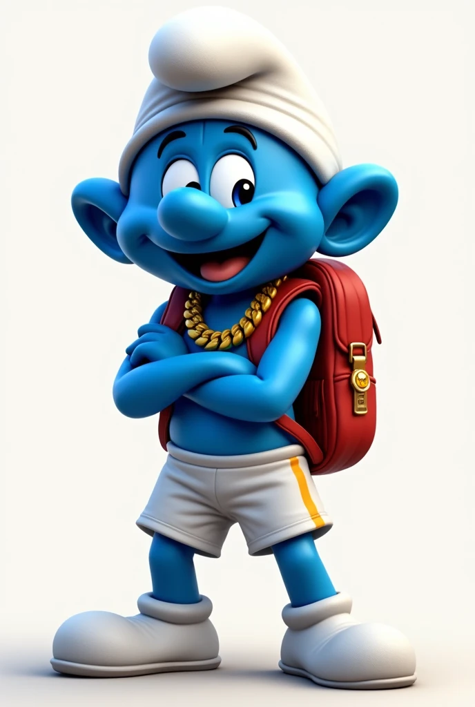 Create a smurf image, as a mascot, marrento, with gold chain around his neck, backpack on back, with futsal player shorts, crossed arms