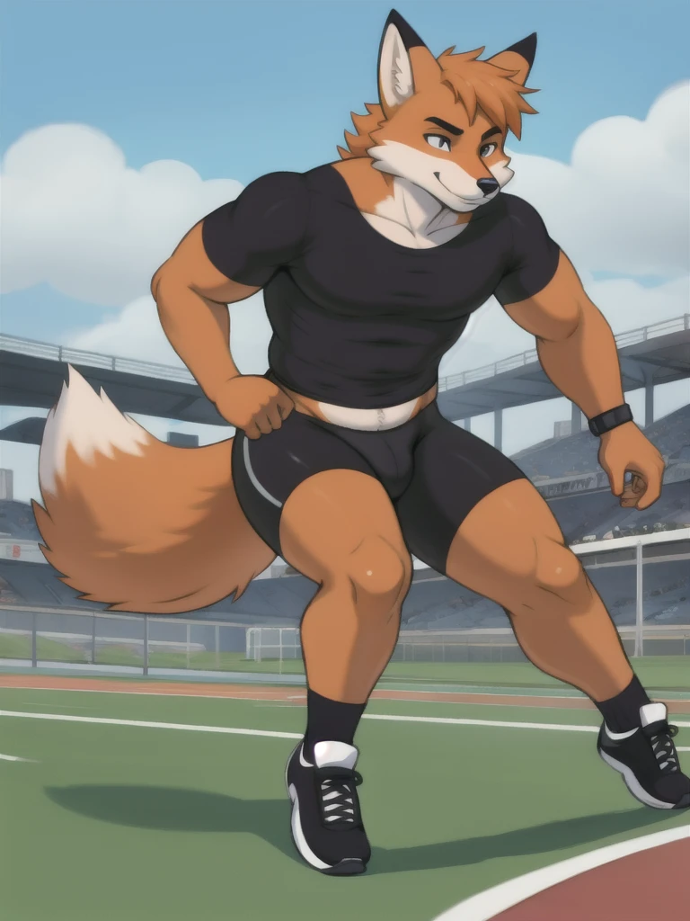 Furry, fox, male, black shirt, black spandex bike shorts, shoes, running track, solo, full body