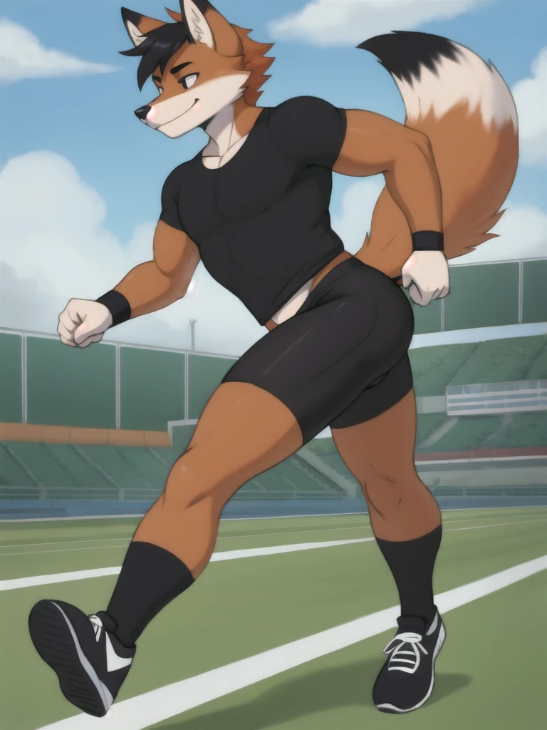 Furry, fox, male, black shirt, black spandex bike shorts, shoes, running track, solo, full body