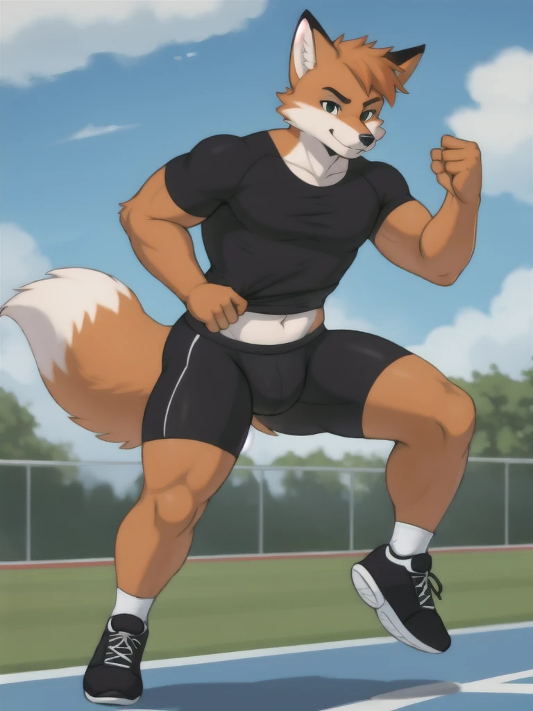 Furry, fox, male, black shirt, black spandex bike shorts, shoes, running track, solo, full body