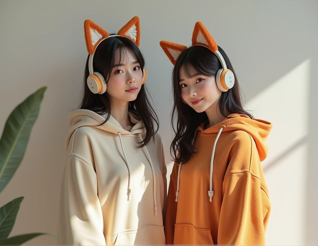 Create an ultra-realistic image of a 2 Japanese woman. She is wearing a cozy hoodie and unique fox-themed headphones. She is posing for a photo with a calm and slightly playful expression, standing naturally as if captured in the moment. The image should be highly detailed, focusing on her casual attire and the distinct fox-themed headphones, with realistic lighting and texture.