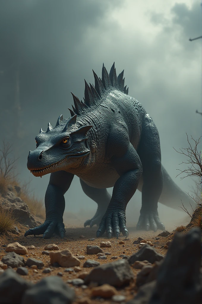 A Komodo dragon prowling across a rocky, barren landscape, its body low to the ground and eyes narrowed with a fierce glare. Its tongue flicks out as it scents the air, and its sharp claws dig into the rocky terrain. The dragon’s scaly skin is dark and rough, blending with the harsh environment. The background features sparse vegetation and a sky filled with dark clouds, creating a sense of danger and anticipation.