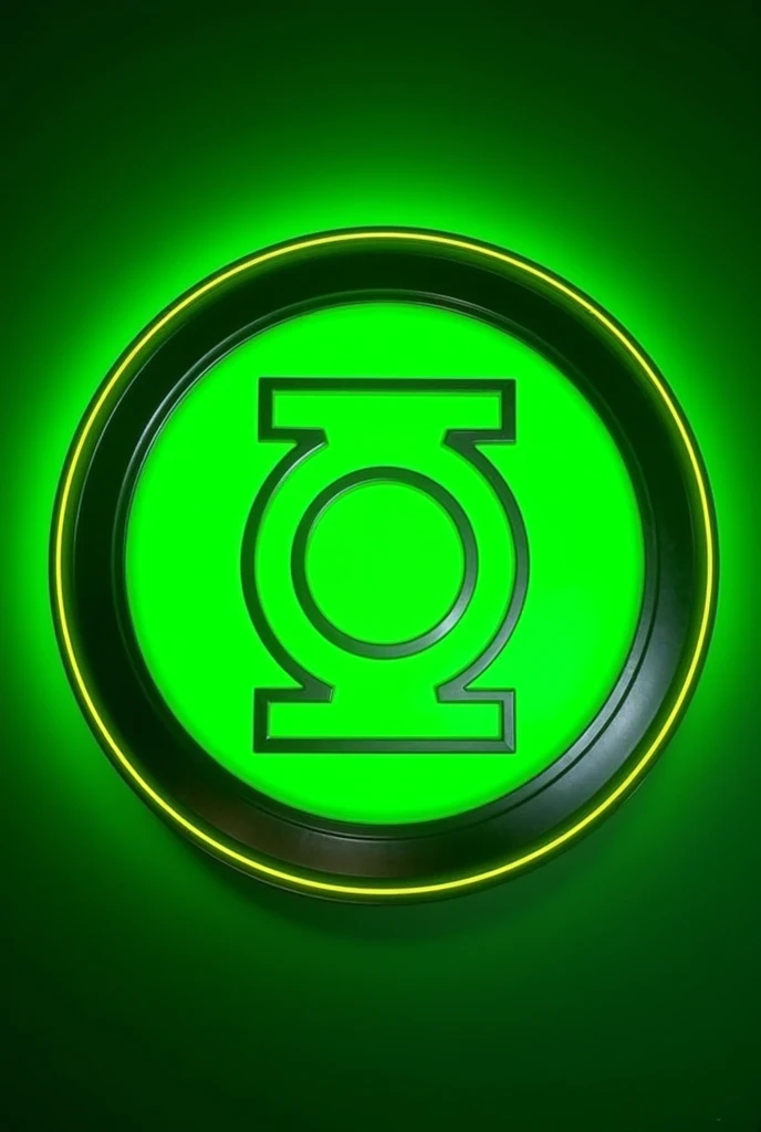 Green Lanterns fluorescent logo on green round plate with yellow border in silver metal