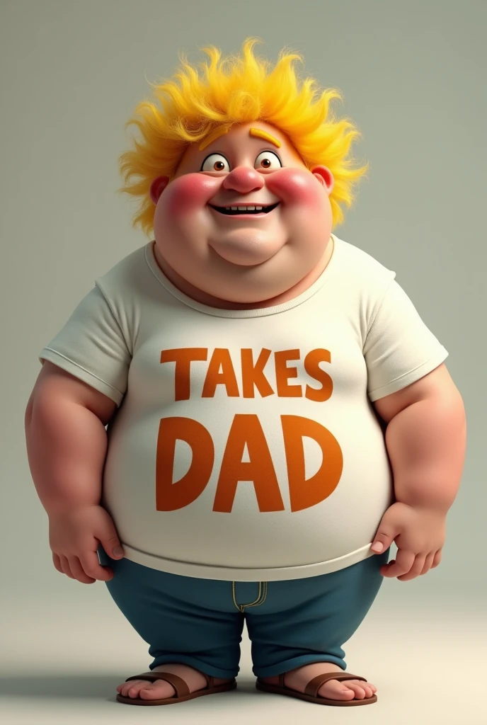 Make a fat adult with yellow hair wearing a shirt that says takes dad