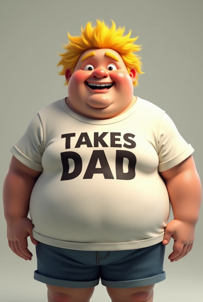 Make a fat adult with yellow hair wearing a shirt that says takes dad