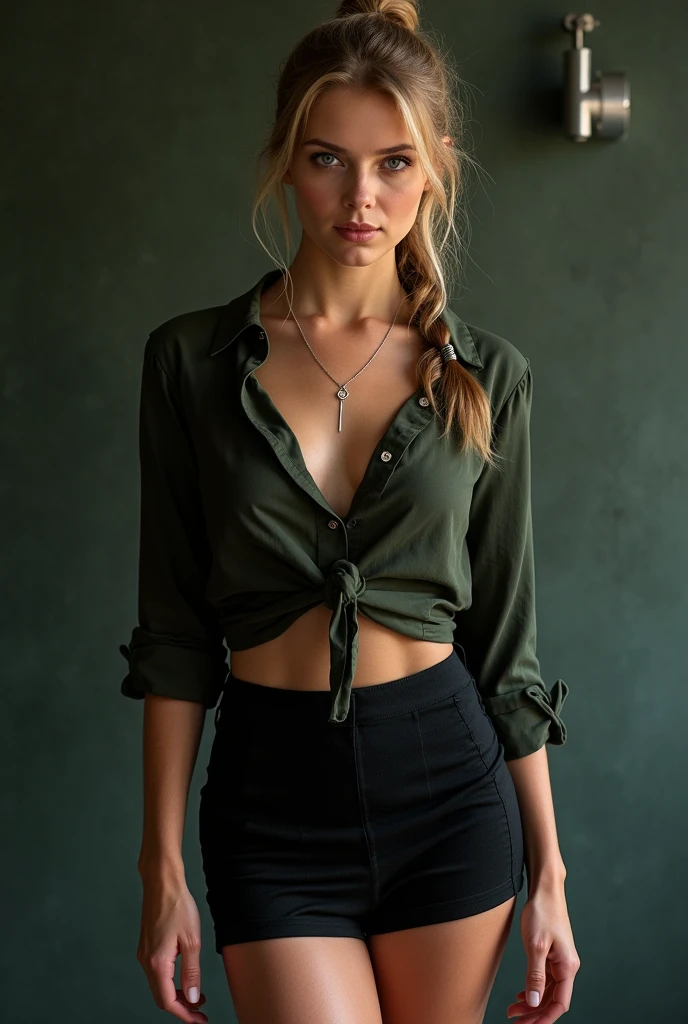 Greta Thunberg, ultra realistic, 8k hd, high qualiy, Fujifilm XT3, ((Sexy and seductive pose:1.3)),big fit ass ,sexy blouse, standing,short skirt sneakers ((neckleace:1.1)),whole body,