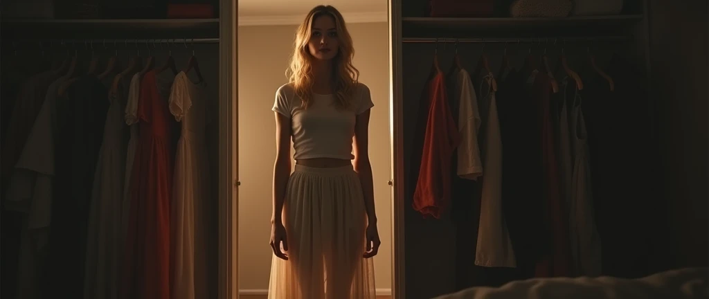 Beth 3 blonde woman, thin t-shirt and a long skirt with sneakers, extremely beautiful, deep blue eyes, angelic face, (intimately lit bedroom at night ), Beth standing in front of the closet mirror , completely reflecting your entire body