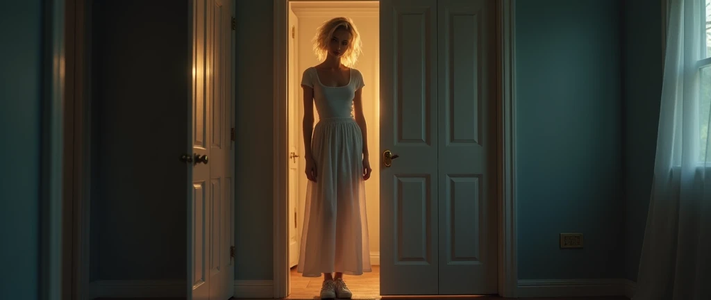 Beth 3 blonde woman, thin t-shirt and a long skirt with sneakers, extremely beautiful, deep blue eyes, angelic face, (intimately lit bedroom at night ), Beth standing in front of the closet mirror , completely reflecting your entire body