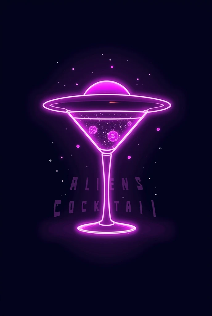 Logo with the silhouette of a UFO that matches a neon purple gin and tonic glass and says Aliens Cocktail