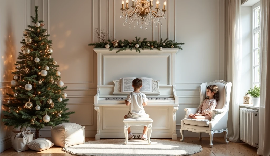 Provencal style Christmas room with wall piano, tree, beautiful chandelier, side window, all white armchair children playing


