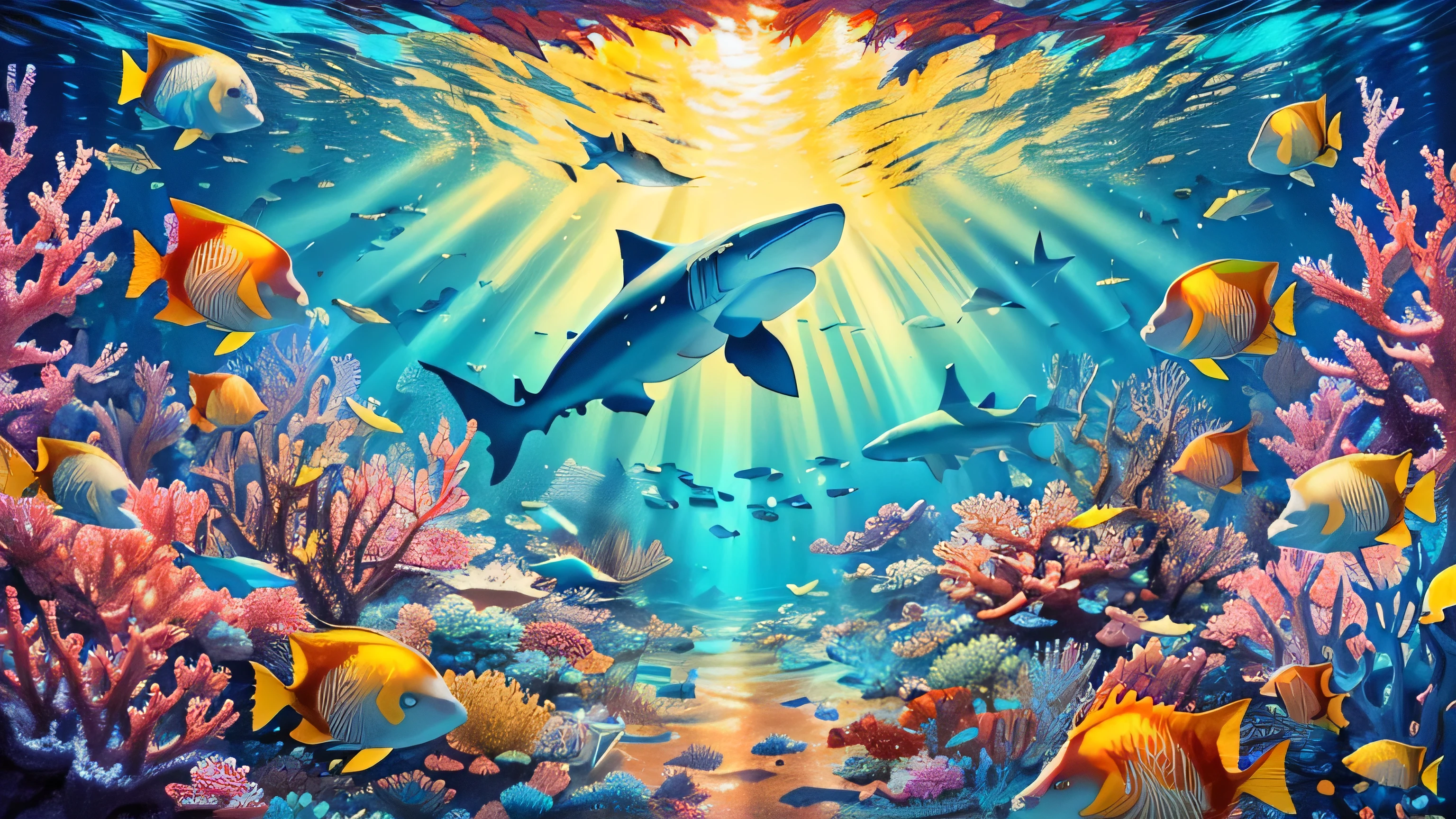 painting of a group of sharks swimming in a Coral reef, incredible depth, incredible depth, amazing wallpaper, tropical reef, by Wayne England, Coral reef, underwater scenery, Bela arte UHD 4K, rays of life, you were wrong, underwater world, beautiful ocean, amazing background, underwater ocean, magical ocean, brilliant light masterpiece, majestic beautiful world, beautiful nature