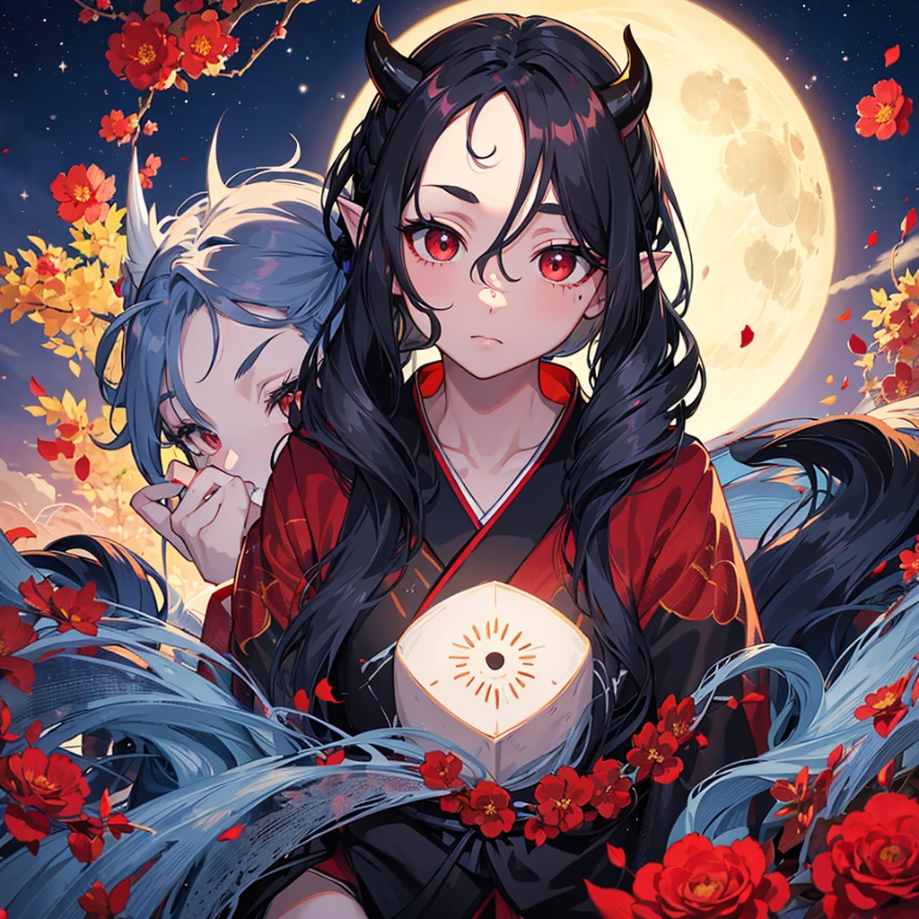 with long wavy hair tied in a deep blue ponytail, under the light of the bright full moon, scarlet eyes, wearing a black kimono with red roses, with his face flushed, while looking at the viewer with a tender look, fair skin, short pointed ears, small horns on his forehead,9k