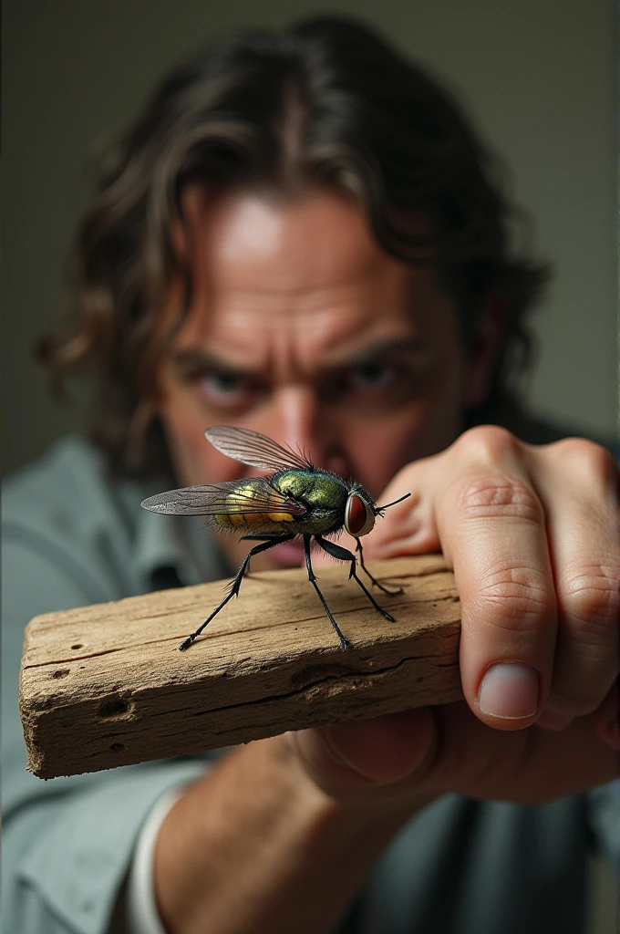 one killing a fly with a piece of wood 
