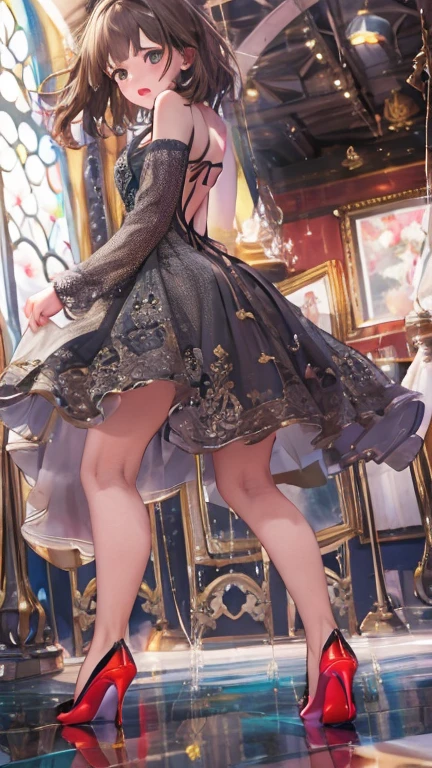 High resolution, Beautiful woman, Attention to detail, Good lighting, Obscene, conversion, ((Backless sequin dress)), ((Red high heels)), Bare thighs, Bare arms, (((Be incontinent))), (Pee), Peeの染み, (puddle), Thick thighs, Nice long legs, lipstick, Detailed face, Cute Face, Embarrassed and blushing face, Humiliated, ((On the disco stage)), (Squat), (Rear View),Stick your butt out