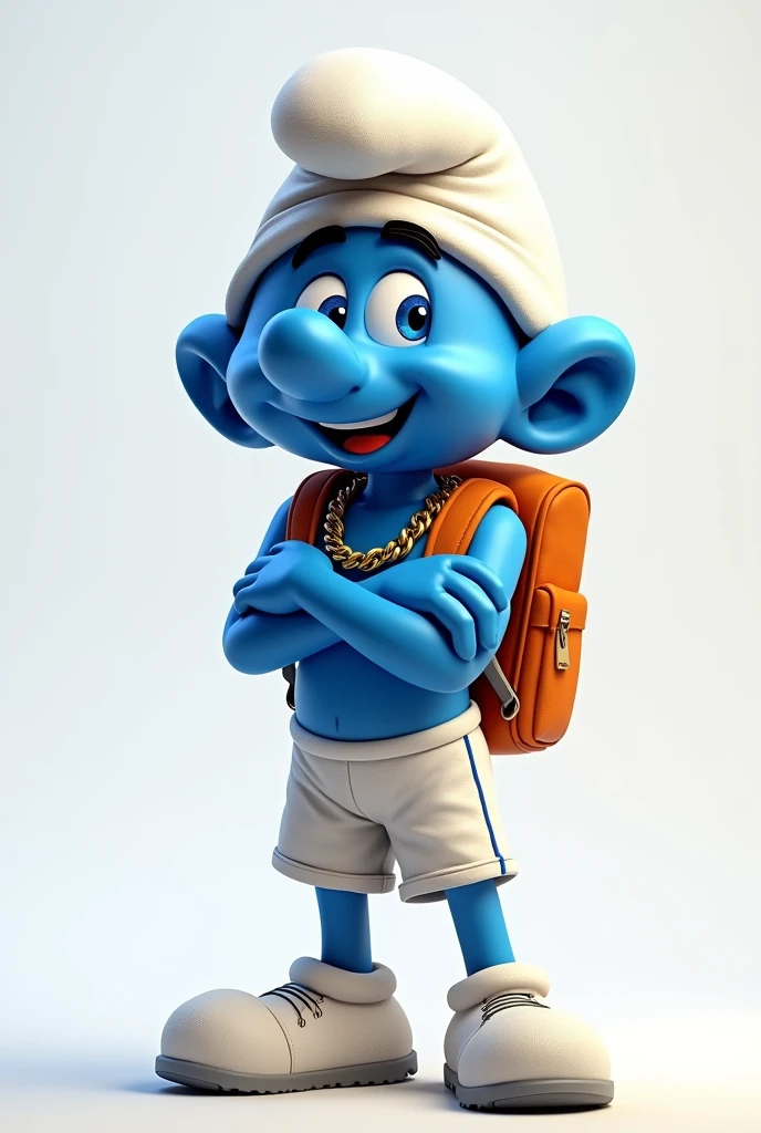 Create a smurf image, as a mascot, marrento, with gold chain around his neck, backpack on back, with futsal player shorts, crossed arms, simple smile