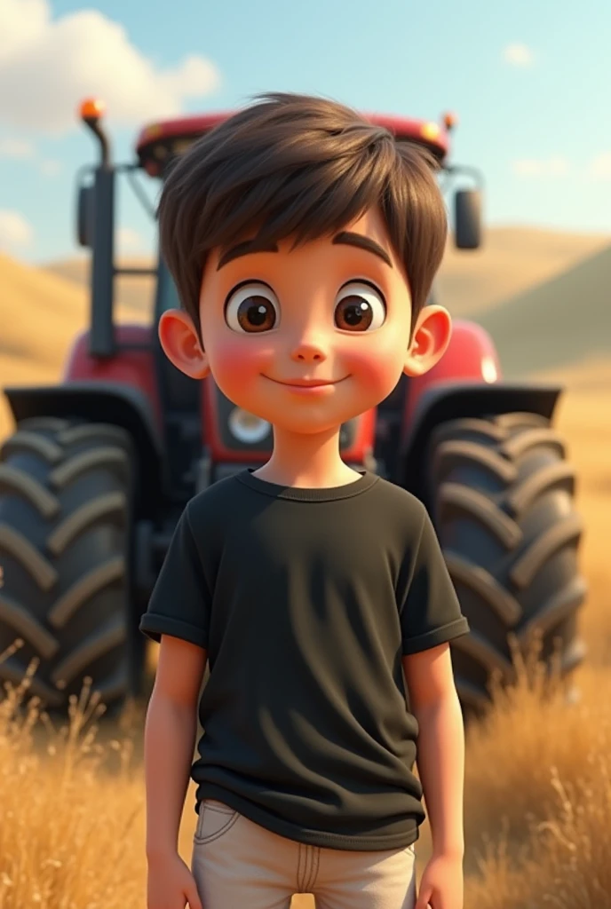Black shirt to white pant and background tractor and maintain boy