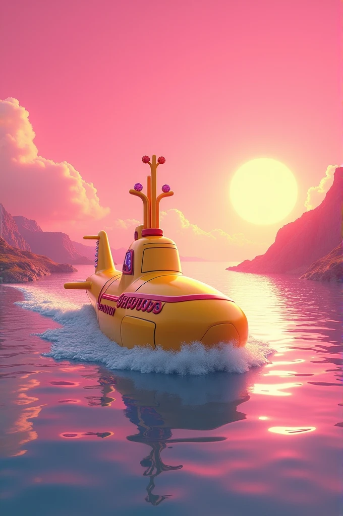 Yellow submarine in a pink sea, with sunshine