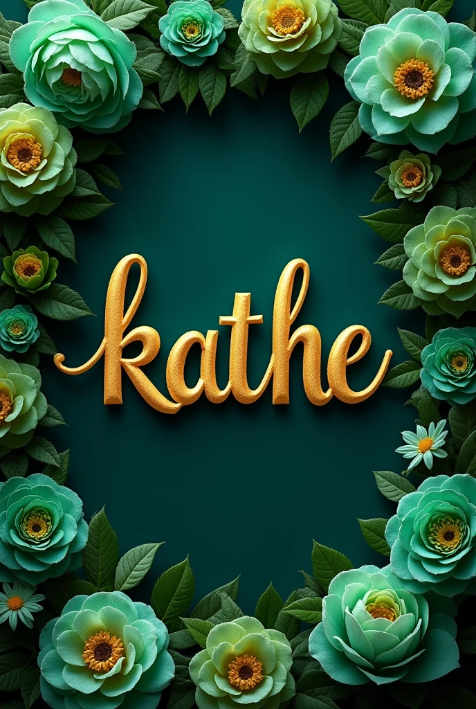 word Kathe in gold color in Campton font surrounded by beautiful jade green flowers
