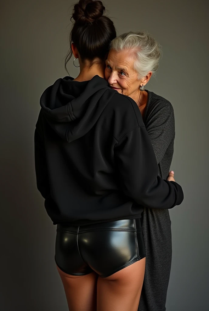black woman hair in a bun black hoodie black leather short shorts being fucked in the ass by a old grandma in a dress