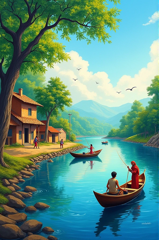 Indian rural village scenery drawing and colorful painting with river, sky, boat, trees, fishing, sunshine full hd horizontal and high resolution picture 