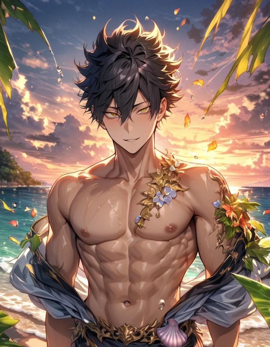 Ultra detailed, Highres, absurdres, HDR, master piece, Kuroo Tetsurou, black hair, hair between the eyes, expressive yellow eyes, Haikyuu, sexy man sitting, handsome, solo, beach, black shorts, water, glittering, petals, fantasy, magical, green leaves, seashells, ocean, sea, sunset, handsome smile, sensual, horny