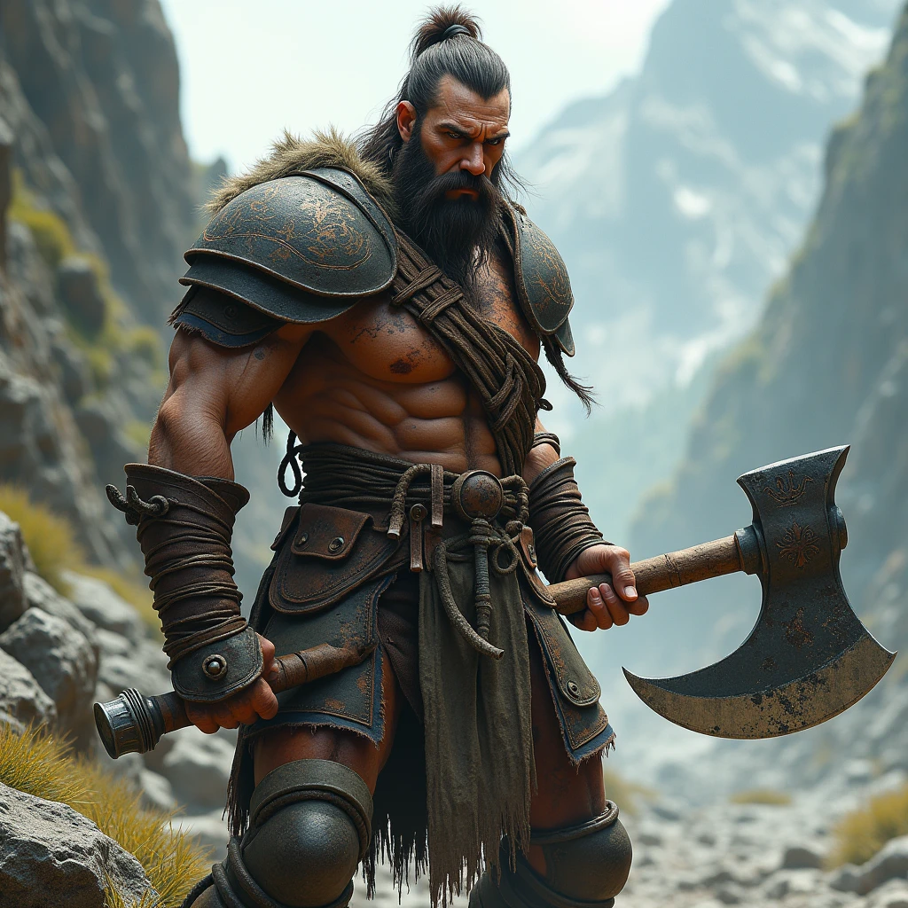 a thin barbarian in leather armor with a large axe