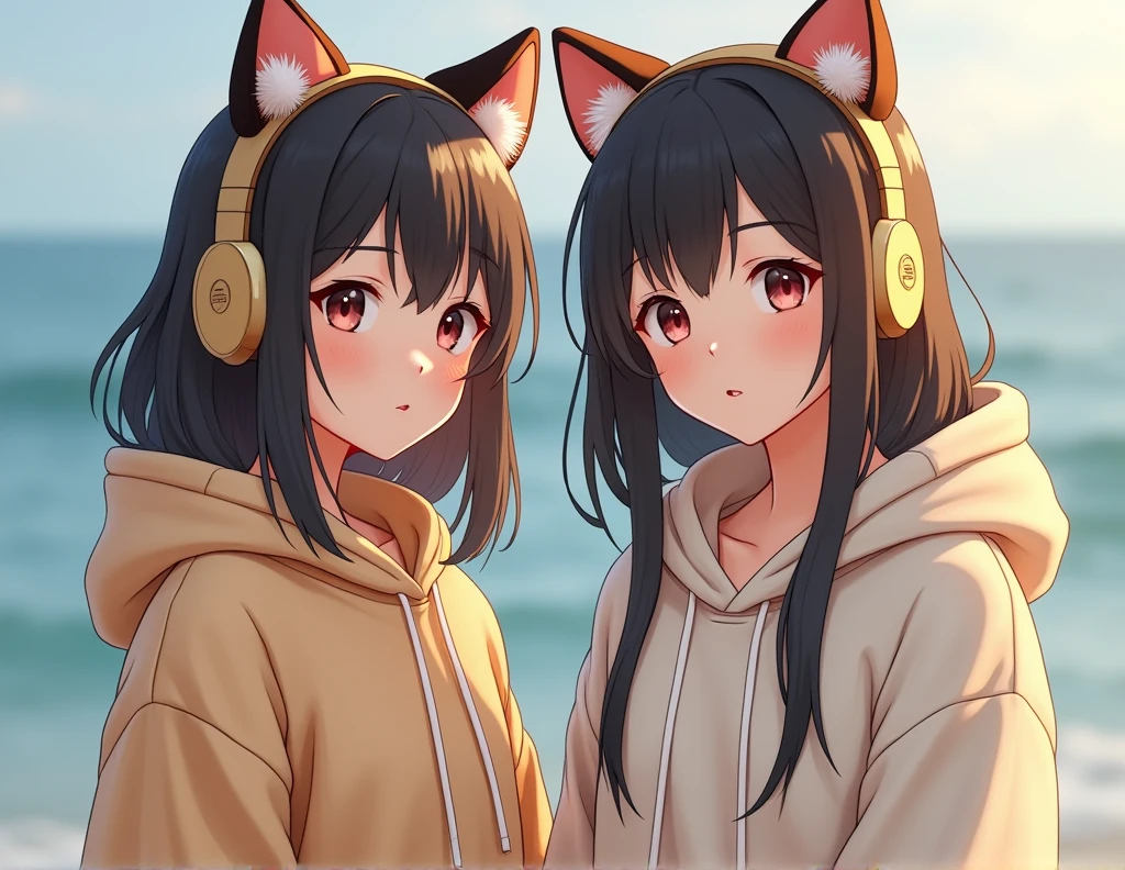 Create an ultra-realistic image of a 2 Japanese woman. She is wearing a cozy hoodie and unique fox-themed headphones. She is posing for a photo with a calm and slightly playful expression, standing naturally as if captured in the moment. The image should be highly detailed, focusing on her casual attire and the distinct fox-themed headphones, with realistic lighting and texture.