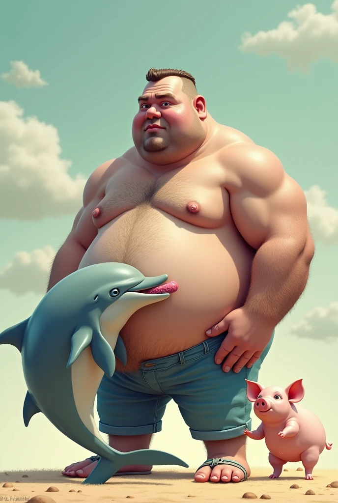 A dolphin licks the genitals of the biggest man in the universe while a pig tap-dances behind him