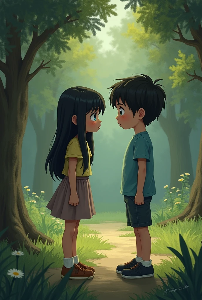 A black-haired blue-eyed girl with a black-haired green-eyed boy in the park, while they are awkwardly distanced as if they just had an argument