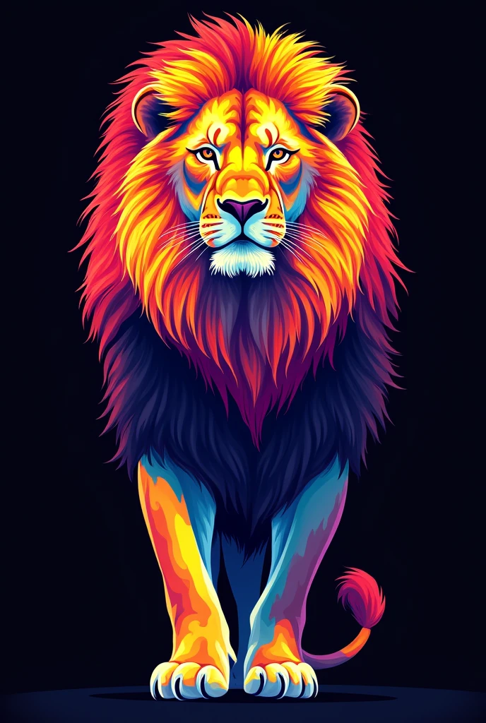 A lion drawn and colored with bright colors, The background is black and the colors are vibrant