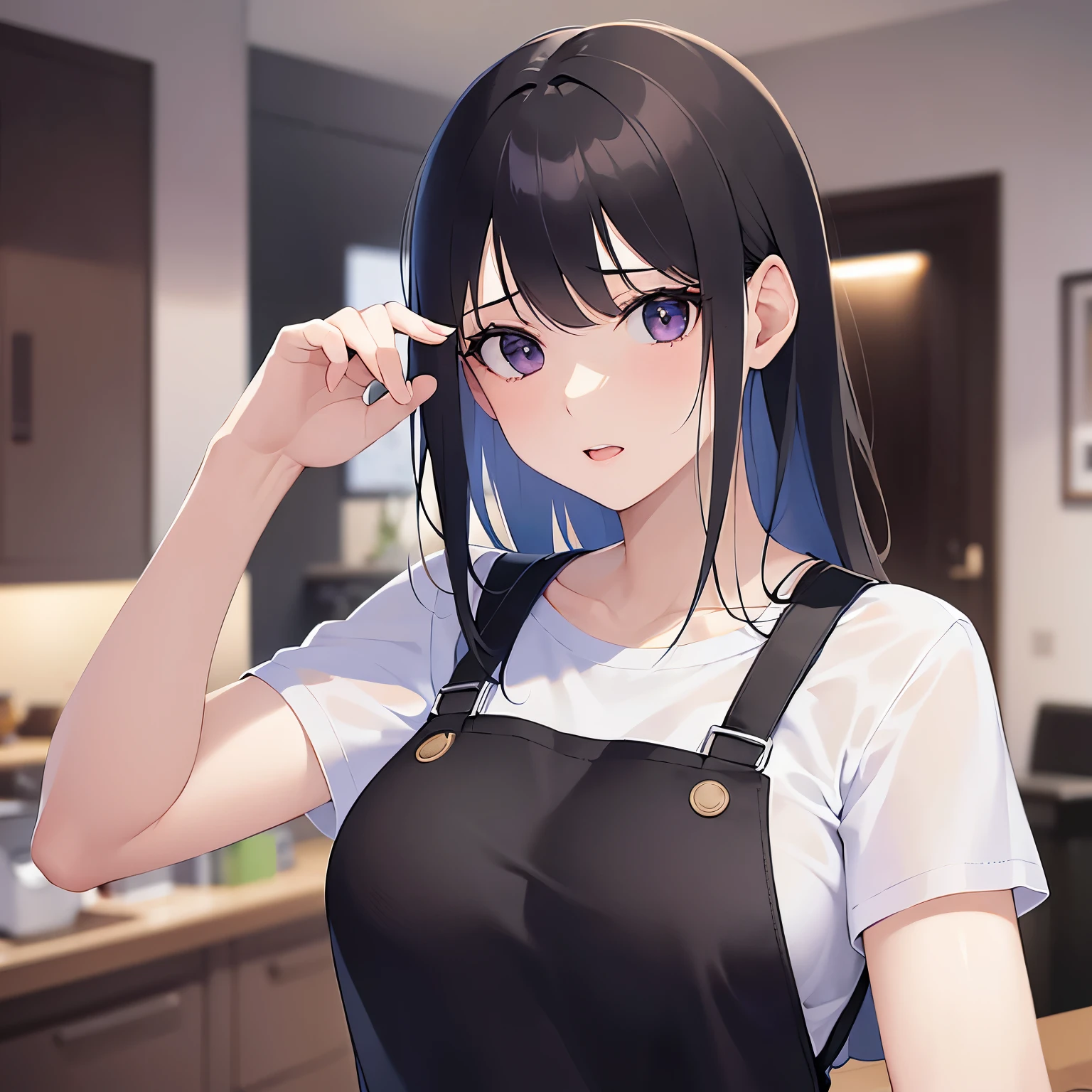 Realistic,real person,RAW photo,photorealistic,BREAK(White T-shirt)and(Black apron:1.5)BREAK,(pale skin: 1.2),shiny skin,shiny hair,-old woman with straight hair and bangs)and(medium hair)and(black hair)and(purple eyes),(shocked),The background is the company reception desk.,alone,(hand on own head),(Biologically correct５Finger)