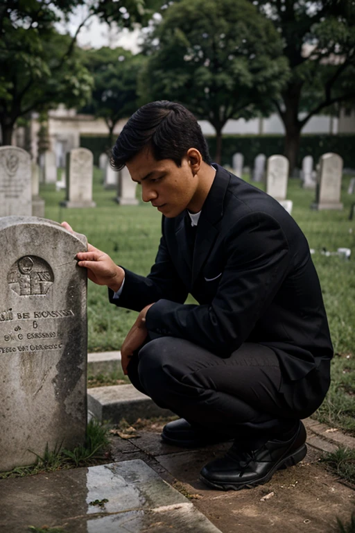 You have Don Bosco next to a grave and he is sad and alone, crouching down, observing the grave of his deceased student.